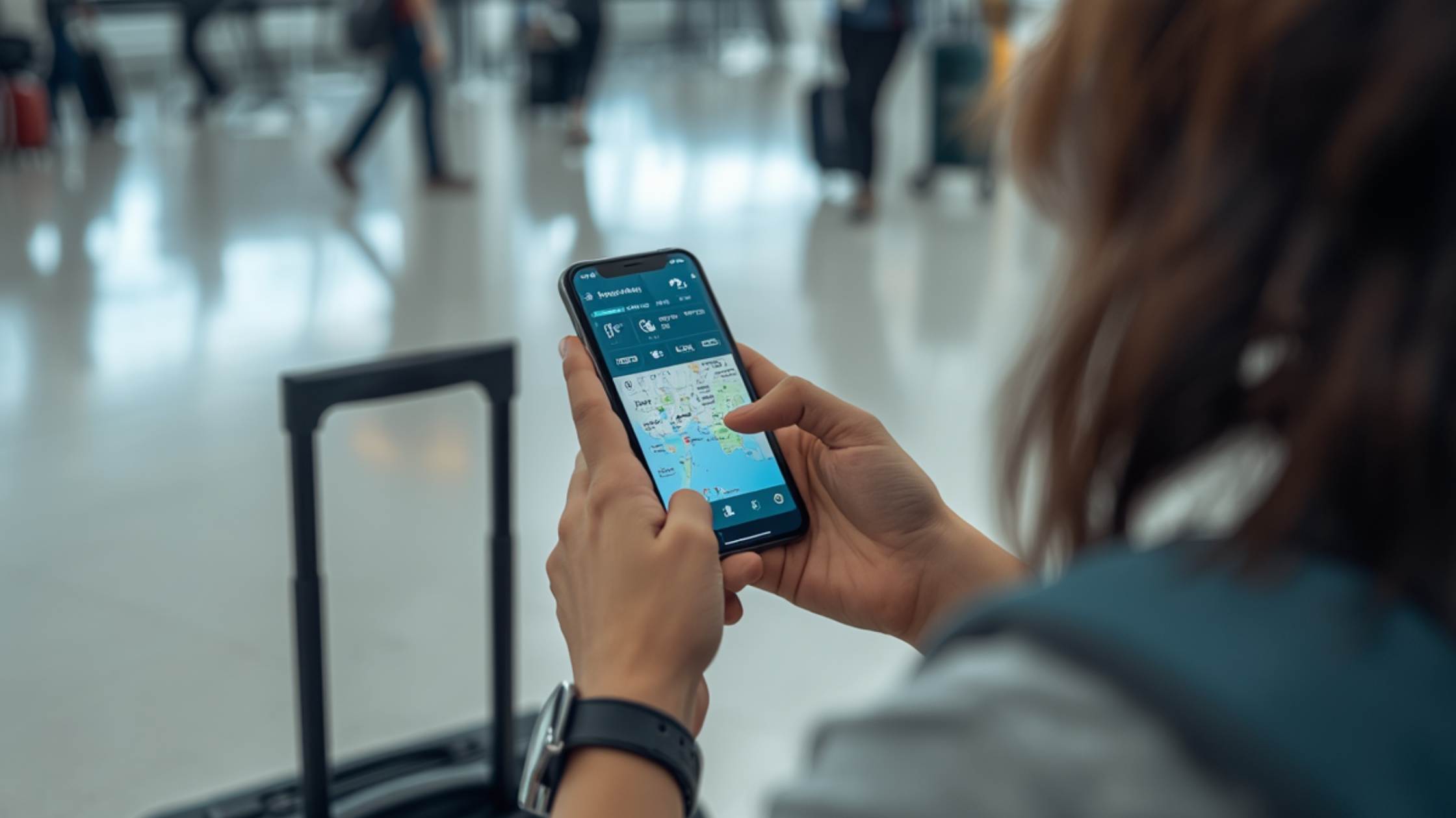 Traveler using travel apps after arriving in Colombia